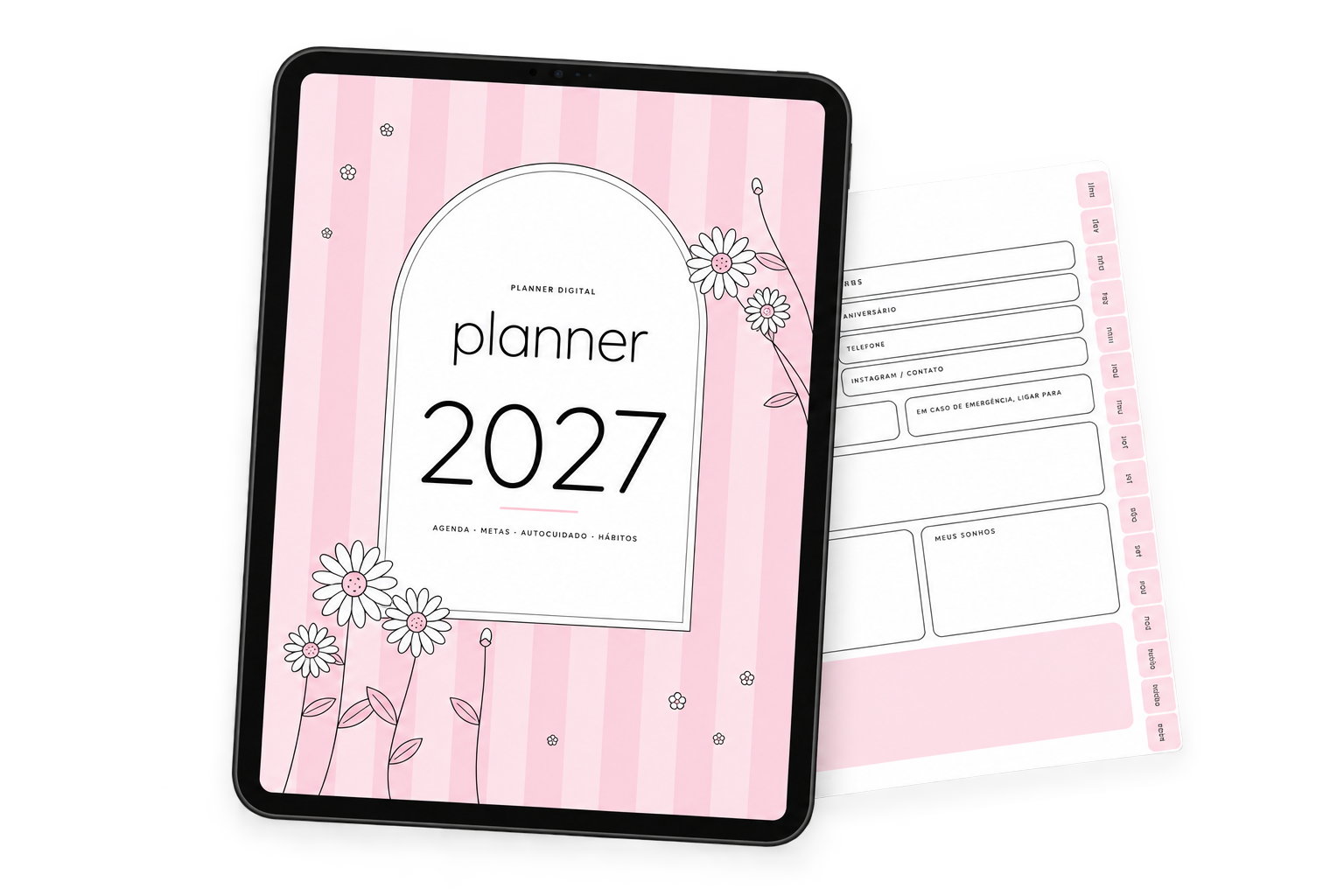 Planner digital 2027 exibido em um tablet, com uma página do miolo ao lado